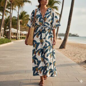 NWOT Desmond & Dempsey H&M Linen-blend Boho Beachy Tropical Kaftan Dress MEDIUM